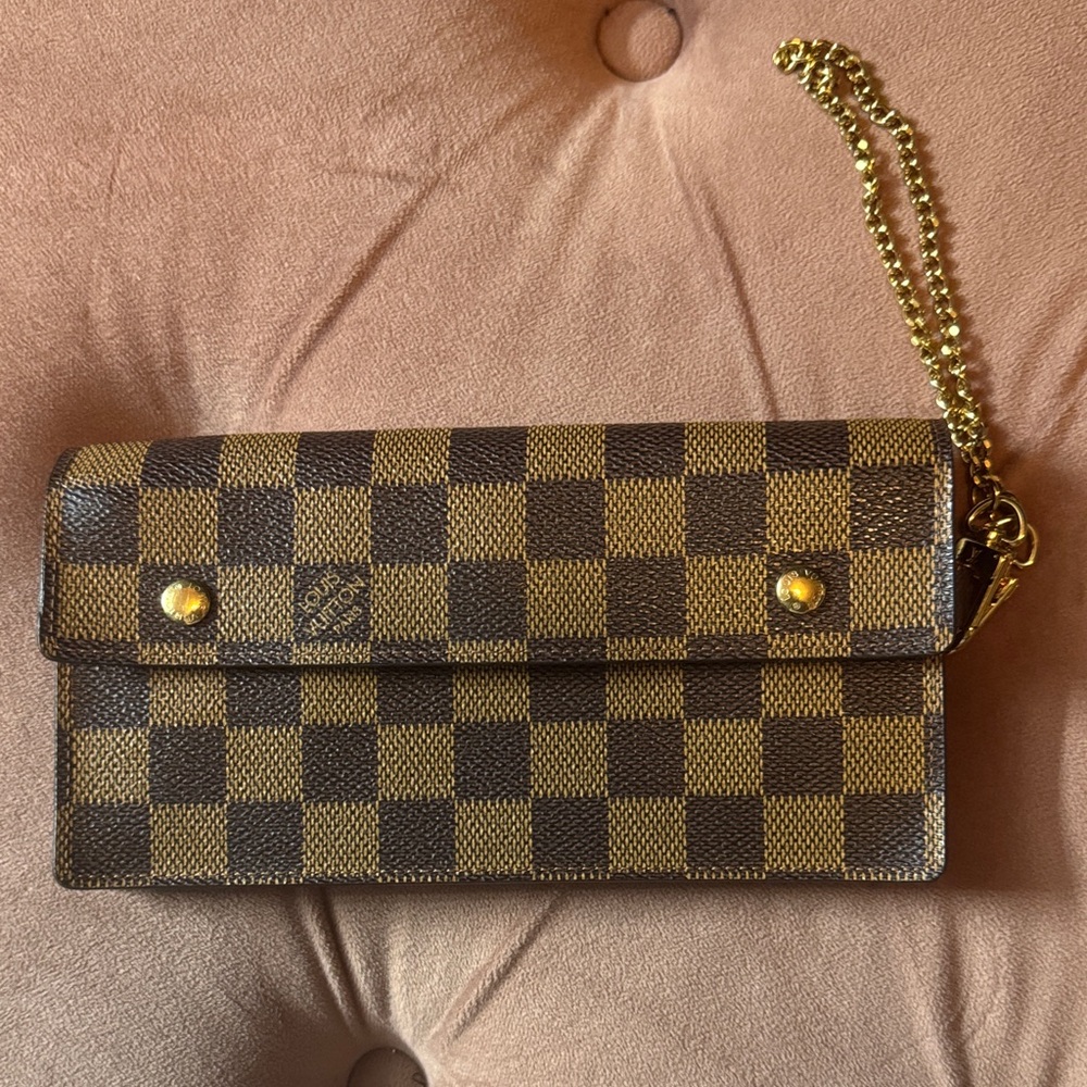 Louis Vuitton Brown Checkered Clutch with Gold Chain